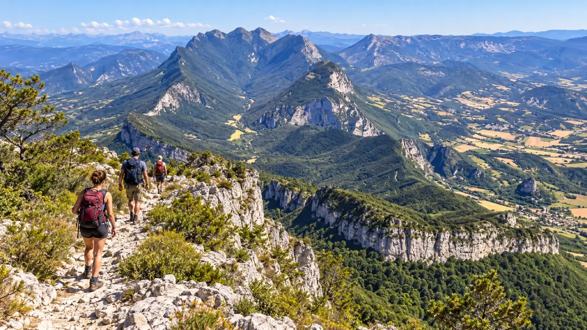 Des randonneurs progressent sur un sentier de crête caillouteux avec vue sur les reliefs de la forêt de Saoû