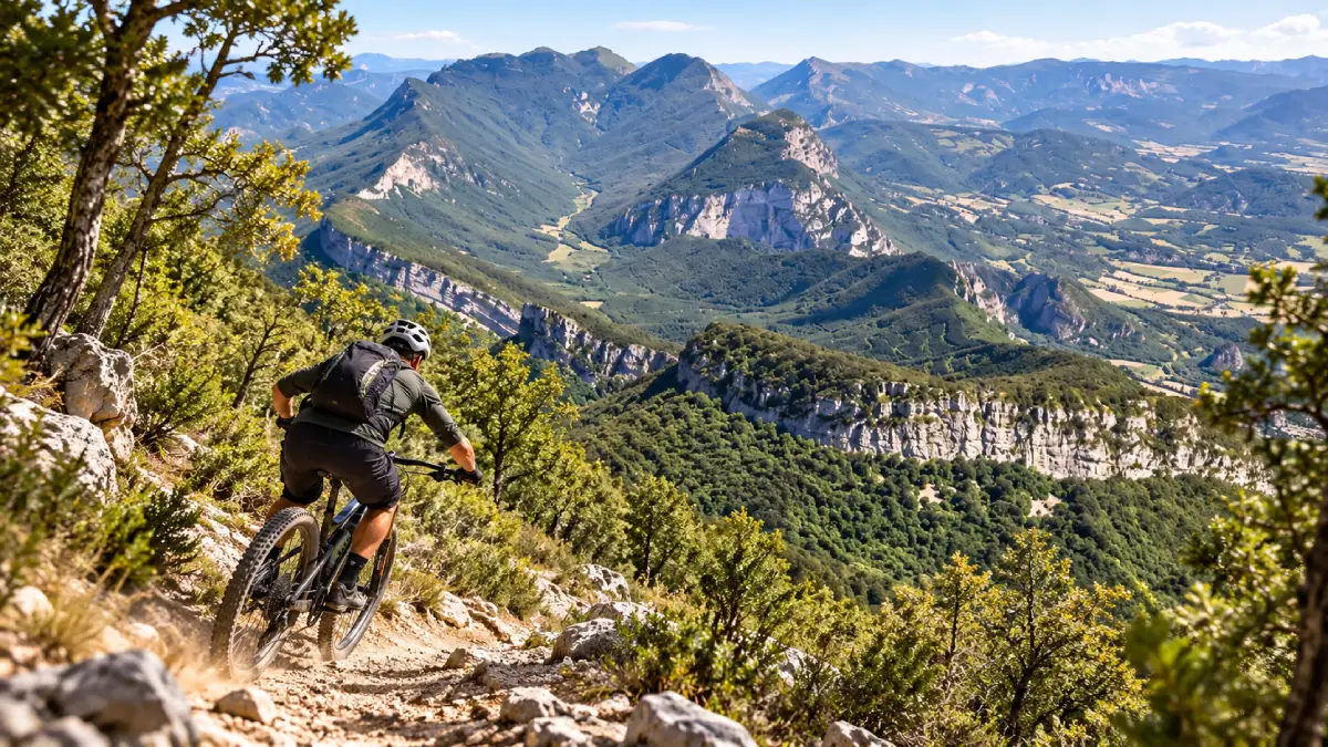 Un vététiste descend un sentier caillouteux face aux crêtes calcaires de la forêt de Saoû